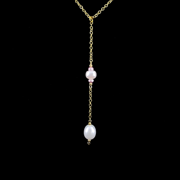 Y necklace real pearls drop pendant genuine pearls 18k GP chain white cream - Picture 6 of 13